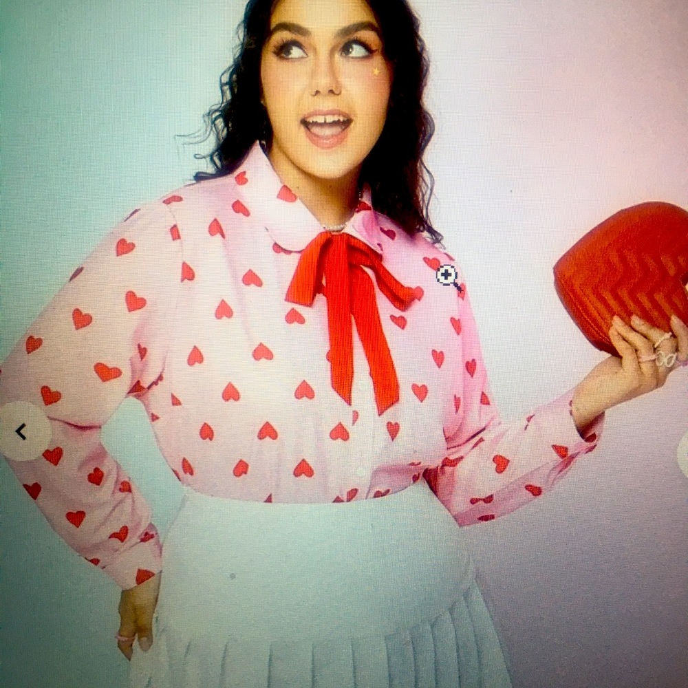 SHEIN Pink Top with Red Hearts Tie Neck 1X